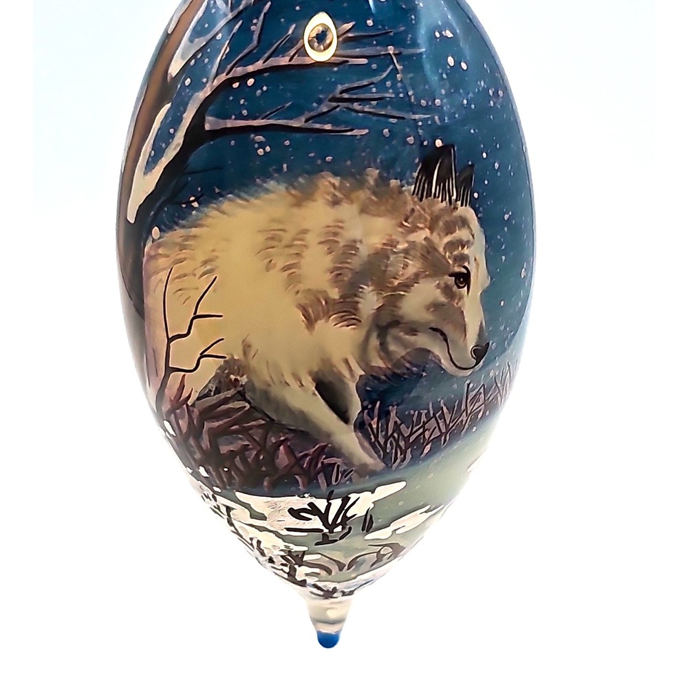 Ltd Ed Reverse Painted Glass Xmas Ornament Wolf Winter Scene 2721/10000 Teardrop